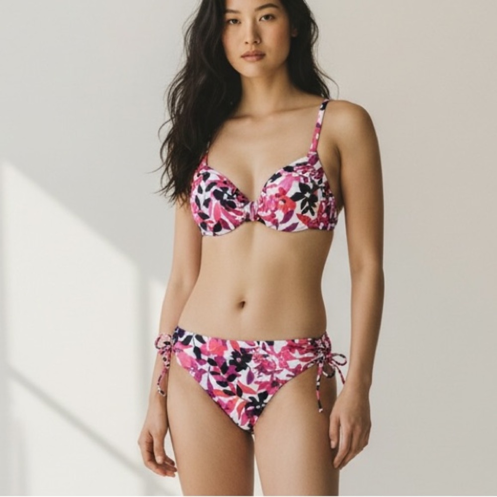 LANDS’ END | Women’s Floral Adjustable Gathered Front-Tie Ruched-Sides Bikini S